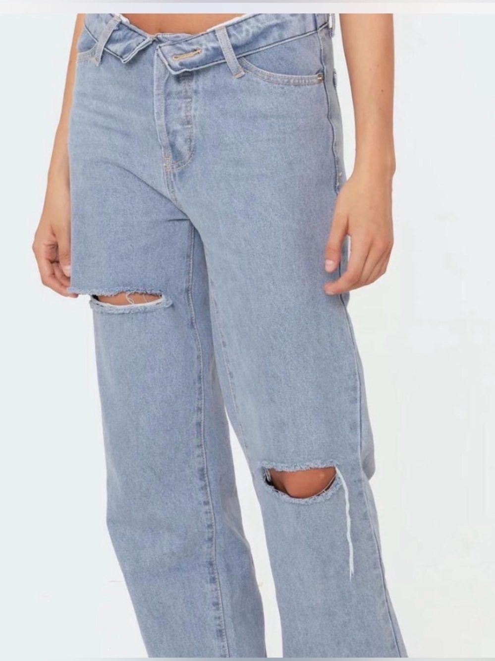 New Edikted Light Blue Distressed Fold Over Mid-Rise Women's Jeans